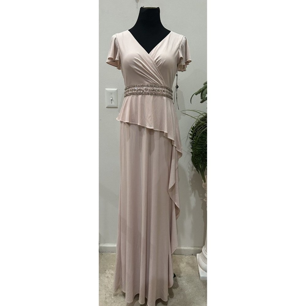 NWT ADRIANNA PAPELL Women's Blush Pink Embezzled Draped Jersey Long dress Size 6